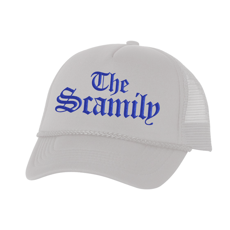 THE SCAMILY®  PUFF PRINT TRUCKER HAT - WHITE/BLUE